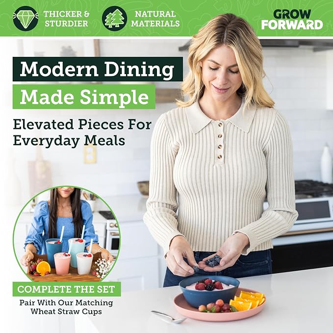 Grow Forward Premium Wheat Straw Plates and Bowls Sets - 8-Piece Wheat Straw Dinnerware Sets - Unbreakable & Reusable Microwave Safe Plastic Dinner Plates for Outdoors, RV, Camping Dishes - Tropical