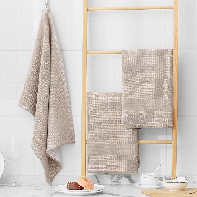 Homaxy 380 GSM Cotton Premium Kitchen Towels 12 Pack, 18"x 28", Khaki | Flat and Terry Dish Towels, Highly Absorbent Tea Towel Set with Hanging Loop, Soft Utility Kitchen Hand Towels