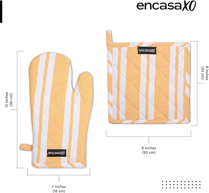 Encasa XO Oven Mitts and Pot Holders Set, Heat Resistant Cotton | Franca Yellow Stripes, Diamond Quilted | Non-Slip Grip | Microwave & Oven Safe | Hanging Loop | Machine Washable | Set of 2