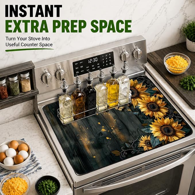 Electric Stove Top Cover for Glass Top, Sunflower Farmhouse Decor – Heat Resistant Flat Stove Top Covers, Decorative Scratch Protector Mat for Glass Ceramic Cooktop, Non-Slip, 28"x20"