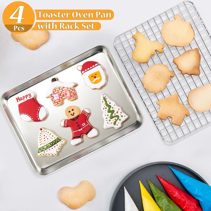 TeamFar Cookie Sheets with Cooling Racks, 2 Pans + 2 Racks,9x7x1 Inch | Stainless Steel Mini Toast Oven Tray Pan with Grid Rack for Baking Roasting Cooling, Non-Toxic & Heavy-Duty, Dishwasher Safe