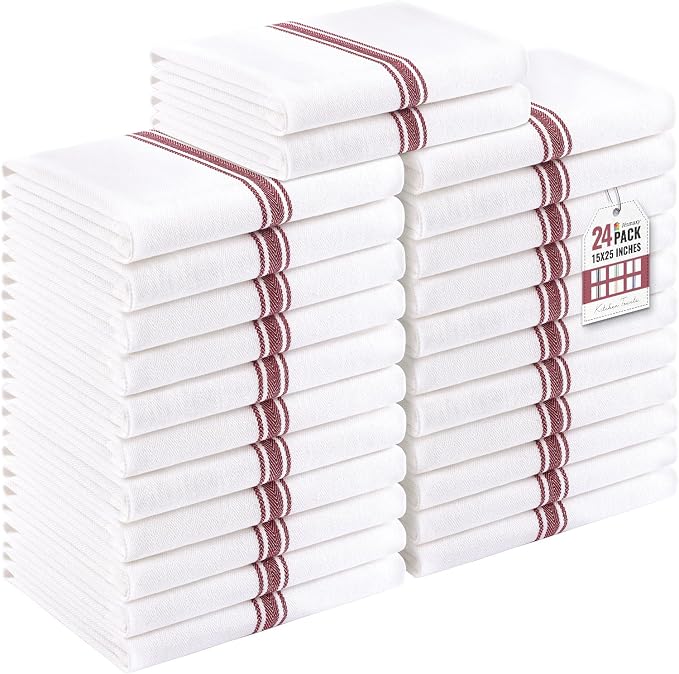 Homaxy 100% Ring Spun Cotton Kitchen Towels 24 Pack, Red Stripe | 15 x 25 Inch, Highly Absorbent Dish Towels for Kitchen Drying, Reusable Cleaning Cloths, Soft Tea Towels with Hanging Loop