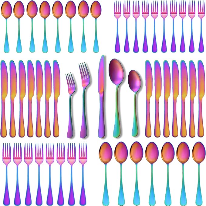 Runfly 40-Piece Rainbow Flatware Set, Stainless Steel Cutlery Set for 8 | Mirror Polished Durable Utensil Set Includes Knife Fork Spoon for Home Kitchen Restaurant Tableware