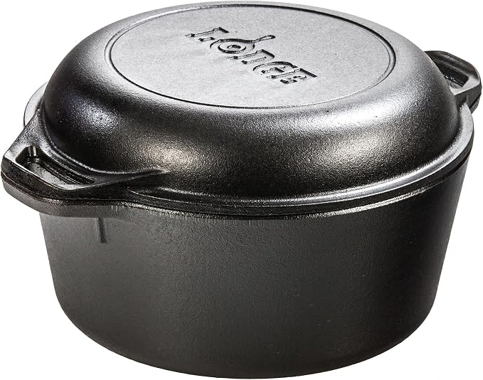 Lodge Cast Iron Double Dutch Oven 5 Quart - Pre-Seasoned 2-in-1 Cast Iron Cookware - Pot & Skillet Combo - Even Heat Retention - Oven-Safe, Versatile Pot