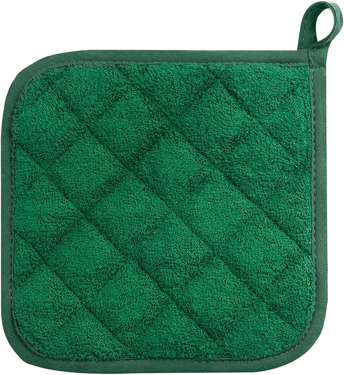 100% Cotton Kitchen Everyday Basic Terry Pot Holder Heat Resistant Coaster Potholder for Cooking and Baking Set of 5 Dark Green