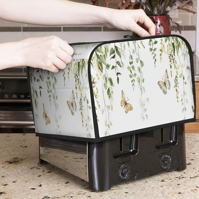 4 Slice Toaster Cover Butterfly Watercolor Botanical Leaf Dust Proof Washable Kitchen Appliance Cover with Pocket, Oxford Fabric Countertop Toaster Protector for Standard Toasters Small Appliances