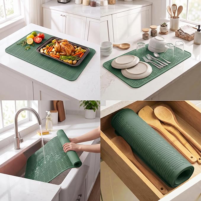 MicoYang Silicone Dish Drying Mat for Multiple Usage,Easy clean,Eco-friendly,Heat-resistant Silicone Mat for Kitchen Counter or Sink,Refrigerator or Drawer Liner Green 4XL 32 inches x 18 inches