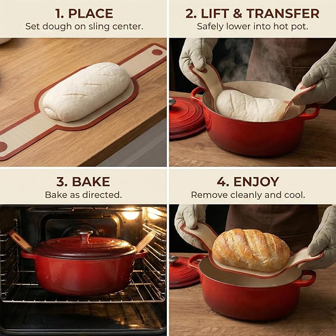 Silicone Bread Sling for Dutch Oven, 2-Pack Reusable Sourdough Baking Mats | Non-Stick Reusable Dutch Oven Liners with Long Handles for Easy Bread Transfer, Sourdough Baking and Quick Cleaning