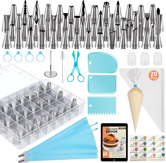 Kootek 90 Piping Bags and Tips Set Frosting Piping Kit for Beginners & Pros | Storage Case, Baking Supplies Kit, 55 Numbered Icing Tips, 20+2 Piping Bags, Pattern Chart, for Cupcake Cookie Cake Decoratin