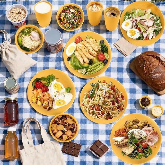 20 Piece Wheat Straw Dinnerware Sets for 4, Unbreakable Dish Set,Reuseable Kids Plates and Bowls Sets for 4, Lightweight Kitchen Dishware Set for Camping, Picnic, and Famliy Meal - Yellow