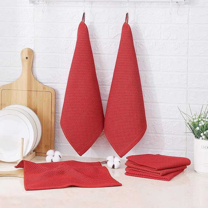 Kitinjoy 100% Cotton Waffle 6-Pack Kitchen Towels, 12" x 12", Brick Red | Ultra Absorbent, Super Soft, lightweight, Quick Drying Dish Rags for Washing Dishes