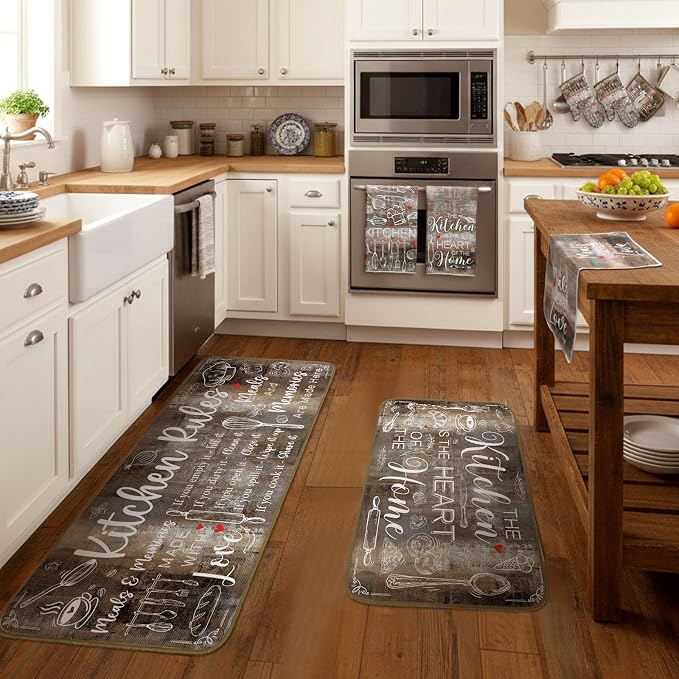 Fourluoo 10 Pcs Brown Kitchen Decor and Accessories Set Farmhouse Oven Mitts and Pot Holders Brown Dish Towels Kitchen Rugs and Mats for Home Decorations Baking Cooking Birthday Summer Gifts
