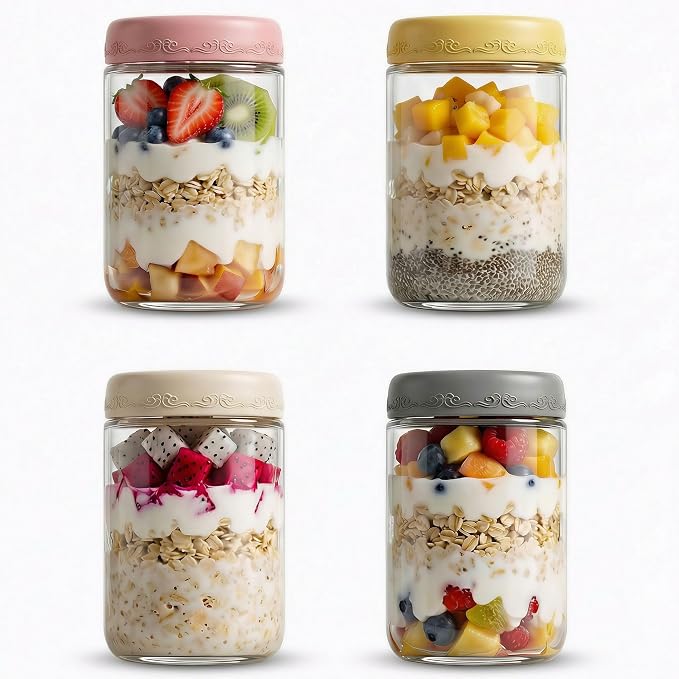 18 OZ 4Pack, Overnight Oats Jars with Lids, Glass Meal Prep Containers, Airtight Mason Jars for Breakfast, Yogurt Parfait, Salad & Smoothies, Leakproof and Reusable Food Storage Jars(4-2)