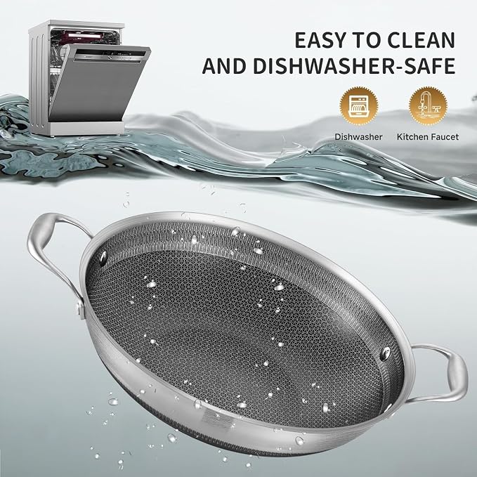 Hybird Nonstick Wok Pan with Steel Lid | 14.5-Inch | Rivented Handle | Non Toxic | Tri-Ply Stainless Steel | Ceramic Coating | Stir Fry Pan | Induction Compatible | Dishwasher & Oven Safe