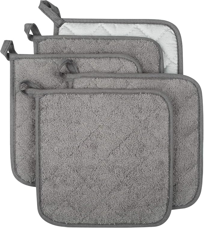 Pot Holders for Kitchen, 100% Cotton Terry Pot Holder Set of 5, Heat Resistant Hot Pads for Cooking, Baking, Hot Dishes and Countertop Protection,Grey