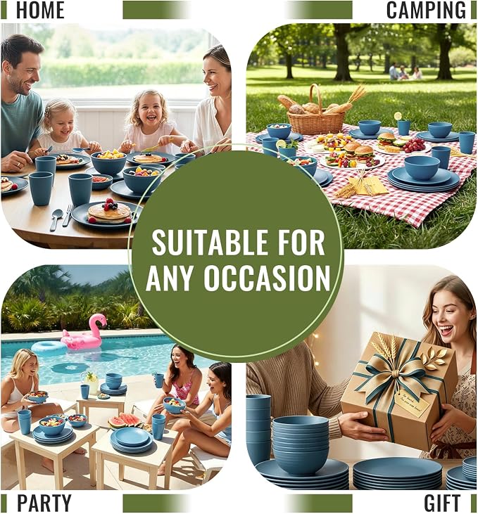 40-Piece Wheat Straw Dinnerware Sets,Unbreakable Dishes Set for 8 - Drinking Cups, Plates and Bowls Sets, Reusable Microwave Safe Dinnerware Set for Home, Outdooor, RVs - Blue