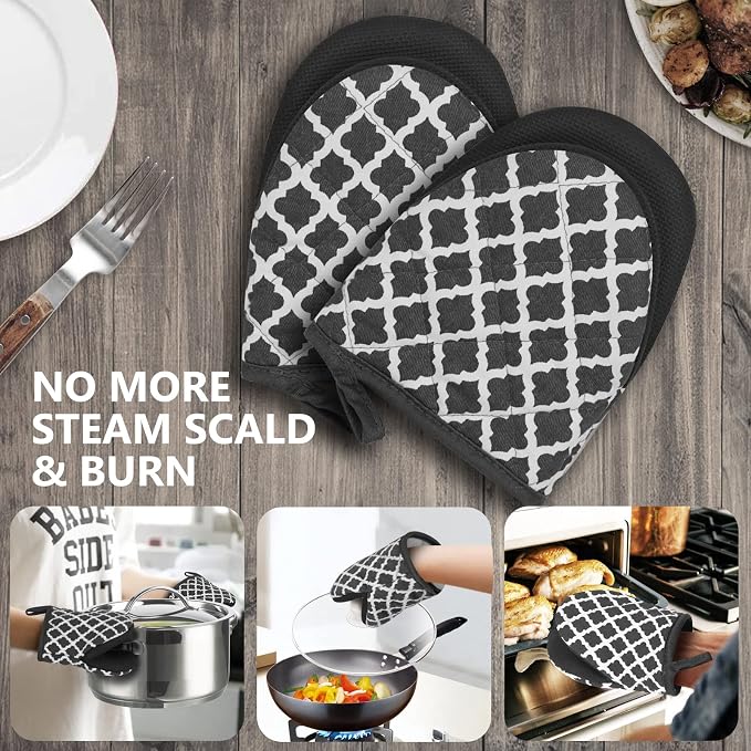 1 Pair Short Oven Mitts - Silicone Kitchen Oven Gloves High Heat Resistant 500℉, Mini Oven Mits with Non-Slip Grip Surfaces and Hanging Loop for BBQ, Baking, Cooking and Grilling (Dark Gray)