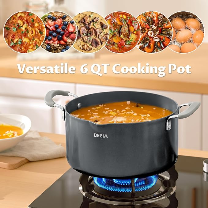 BEZIA 6 Quart Ceramic Non Stick Stock Pot with Strainer Lid & Pour Spout | PFAS-Free Pasta Pot for Easy Straining, Oven Safe Induction Cooking Pot with Stay-Cool Silicone Handles for Soup, Chili, Stew