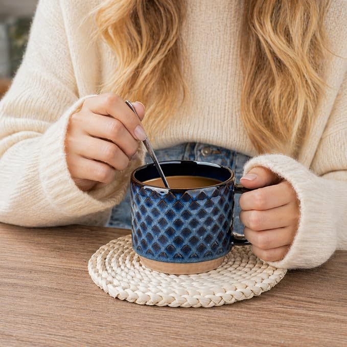 GBhome 12 OZ Stackable Coffee Mugs Set of 6, Ceramic Coffee Cups Set | 3 Assorted Designs, Embossed Mugs with Texture Patterns for Tea/Coffee, Dishwasher&Microwave Safe, Deep Sea