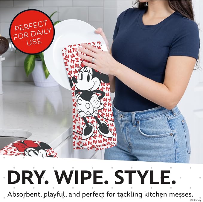 Disney Minnie Cotton Kitchen Towels & Mini Oven Mitts, 4-Piece Set | Absorbent, dries dishes fast, machine washable, mitt grip resists heat to 350F and is hand wash only, great for gifting