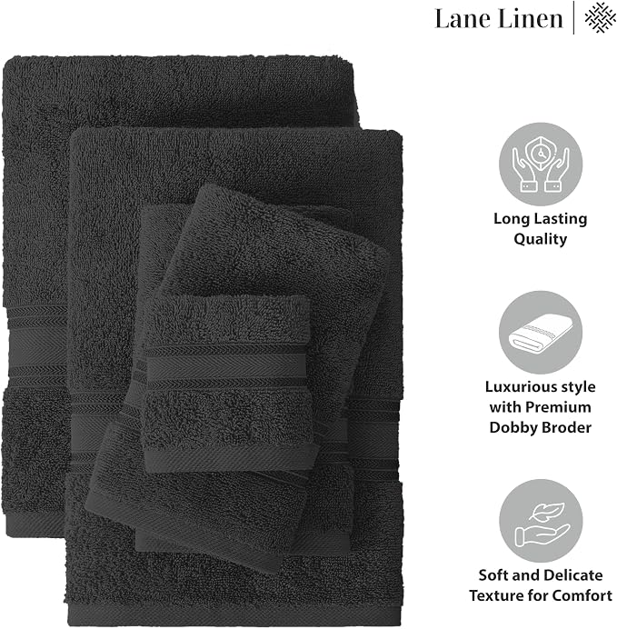 LANE LINEN Large Bath Towel Set Absorbent Quick Dry 100% Cotton - Black | Cotton Towels - Fade-Resistant Color, Classic Terry Weave, Densely Woven, Coordinated Colors, Everyday Durability