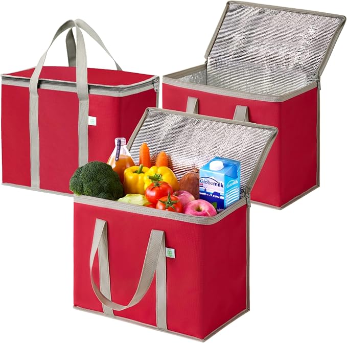 VENO 3 Pack Cooler Bag Insulated Grocery Bags for Food Delivery Heavy Duty | Large Collapsible Cooler, Reusable Shopping Tote w/ Zippers, Foldable, Stands Upright, for Groceries Camping (Red, 3 Pack)