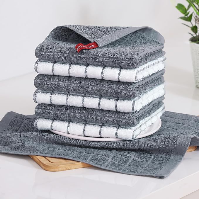 Homaxy Premium Cotton Kitchen Dish Cloths 12"x 12", 6 Pack, Grey | Natural Ring Spun 390 GSM Dish Rags, Super Absorbent Terry Dish Towels, Soft Dishcloths with Hanging Loop