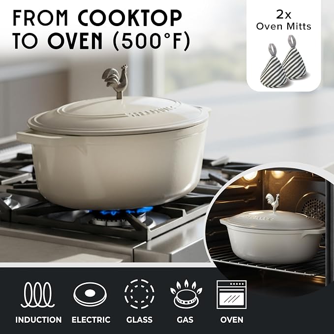 MUELLER HOME 5.5 Quart Enameled Cast Iron Oval Dutch Oven with Rooster Knob & Cotton Potholders, Heavy-Duty Cookware, Oven-Safe up to 500° F & Across All Cooktops, Gifts for Grandma & Women, White | Rooster Knob, Cotton Potholders Included, Oven-Safe u...