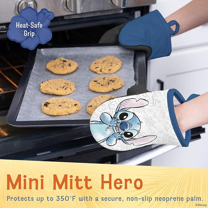 Disney Stitch Cotton Kitchen Towels & Mini Oven Mitts, 4-Piece Set | Absorbent, dries dishes fast, machine washable, mitt grip resists heat to 350F and is hand wash only, great for gifting