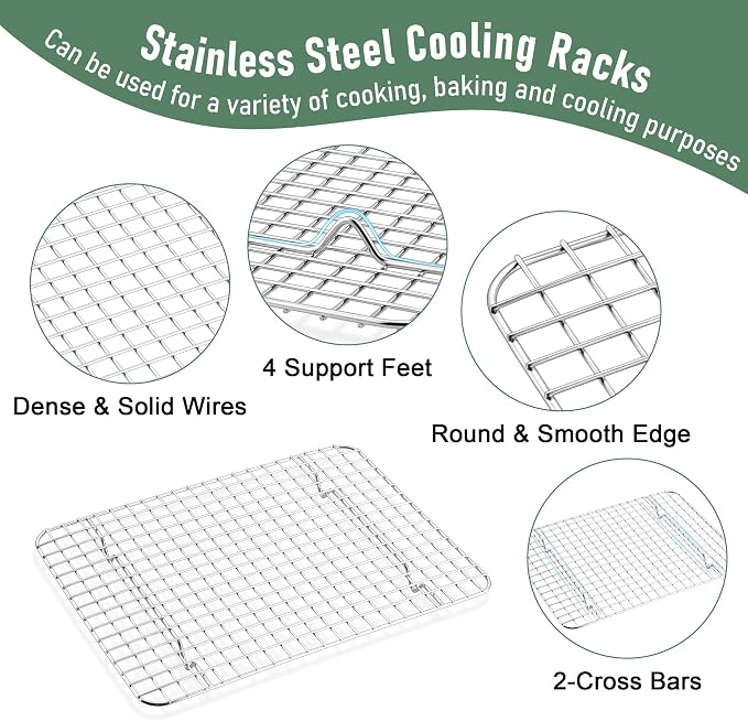 Homikit Quarter Sheet Pan with Wire Rack (2 Baking Sheet+2 Rack), 12" x 10" | Stainless Steel Quarter Baking Tray with Grid Cooling Rack for Toaster Oven Roasting, Metal Bacon Cookie Pan, Dishwasher Safe