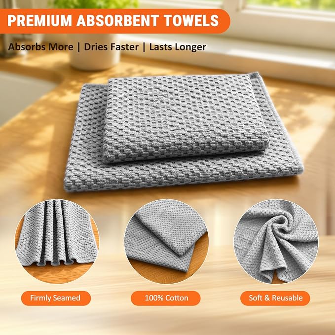 Oven Mitts Pot Holders Kitchen Towels Waffle Weave Dishcloths Sets 12Pcs | Silver Wire Dishcloths, Oven Gloves Pot Pads 500°F Heat Resistant w/Non-Slip Silicone Surface for Cooking Baking Grilling