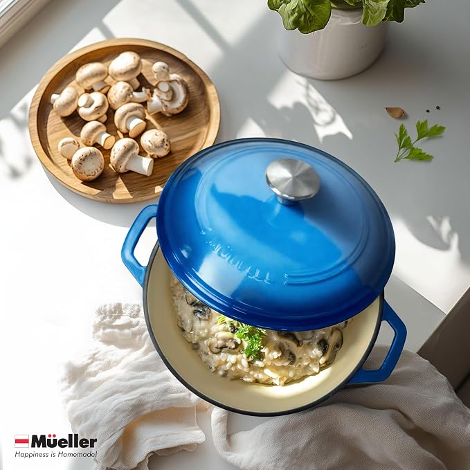 MUELLER HOME 4.5 QT Enameled Cast Iron Dutch Oven, Heavy-Duty Casserole Dish and Braiser Pan with Lid and Stainless Knob, Oven-Safe up to 500° F & Across All Cooktops, Aqua Blue | Heavy-Duty Casserole Dish and Braiser Pan, Lid with Stainless Knob, Oven...