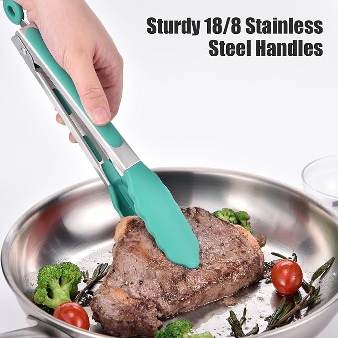 Doosu Kitchen Tongs with Silicone Tips for Cooking Serving (9in, Aqua Sky) | 600°F Heat Resistant Food Tong, Heavy Duty Stainless Steel Locking Tong for BBQ, Grilling Steak, Salad, Toast, Pasta