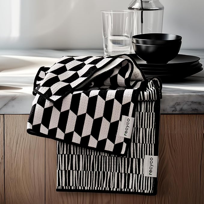 RECYCO Waffle Kitchen Towel Set of 2 - Quick Dry Microfiber Sustainable Dish Towels - Ultra Absorbent Reusable Cleaning Tea Towels - Lightweight Hand Towels,16”x 28”, Black & White Mirage