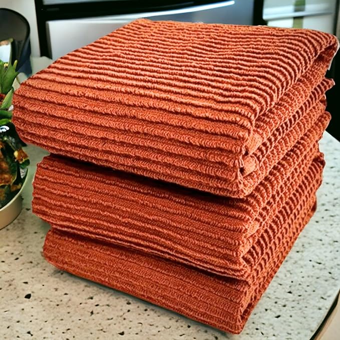 Burnt Orange Rust Kitchen Hand Dish Towels, Set of 3, 100% Cotton, 18x28 | Terry Loop Ribbed Textured, Soft & Absorbent Cleaning Cloth, Quick Dry, Multipurpose for Everyday Use
