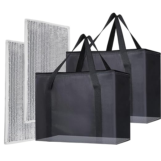 Bodaon 2PK Insulated Grocery Bags with Reinforced Baseboard, X-Large, Black | Reusable, Heavy Duty, Cooler Tote for Stability & No Sag, Thermal Bag for Hot Cold Food, Delivery, Shopping, Travel, Camping