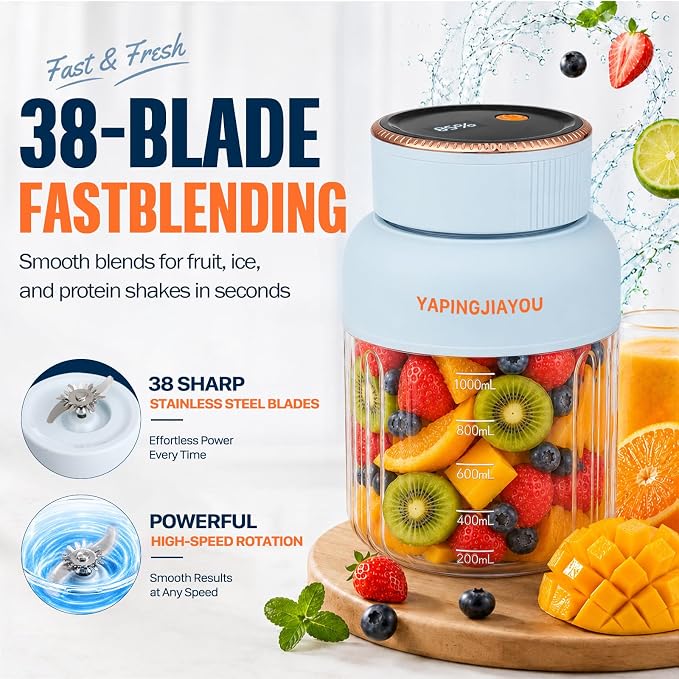 Portable Blender, Personal Smoothie juicer, Shaker blender, 33oz USB portable rechargeable juicer cup with 38 Blades for Kitchen, Travel, Gym， Office – Sky Blue