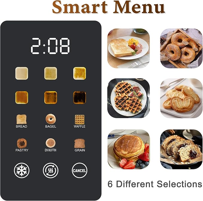 REVOTRA 2 Slice Toaster Stainless Steel with LED Display, Extra Wide Slots | 6 Shade Settings, Defrost/Reheat/Cancel, Removable Crumb Tray, Compact Toaster for Bagels & Waffles