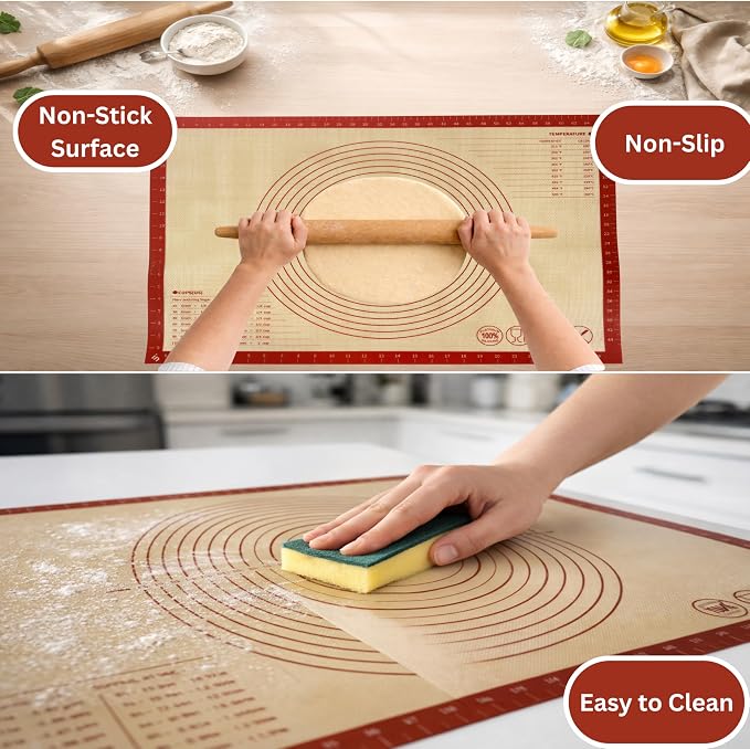 Silicone Pastry Mat with Measurements, 28 x 20 Inch Extra Thick Non-Slip Nonstick XL Baking Mat for Dough Rolling, Kneading, Fondant and Pie, Red