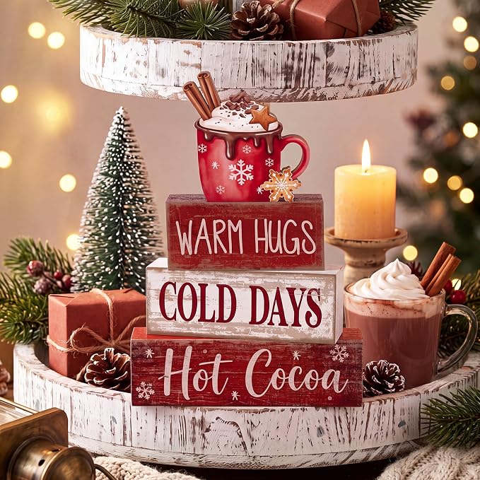 Lineshading 4 Pcs Wooden Hot Cocoa Block Signs Tiered Tray Decor with Mug | Farmhouse Stackable Wood Blocks, Warm Hugs Cold Days Text, Winter Coffee Bar Display, Mug Topper with Cinnamon Sticks