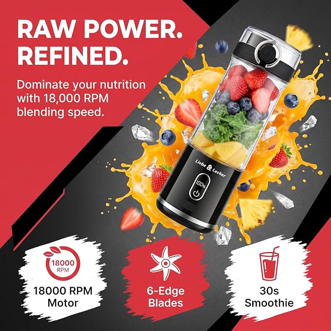 Liebe&Lecker Blender Bottle, Cordless Portable Blender | 17-Oz juicer machines Travel Cap, Removable Vessel with Smart LCD Display, Suitable for Outdoor Picnics, and Gym, Zero BPA