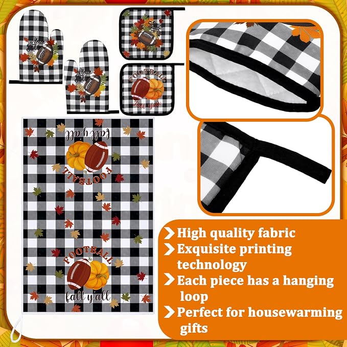 Leinuosen 6 Pack Fall Thanksgiving Kitchen Set with 2 Football Dish Towels, 2 Buffalo Buffalo Plaid Pot Holders and 2 Marple Leaves Oven Mitts for Gifting, Baking, and Cooking Accessories