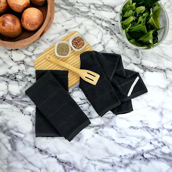 Black Kitchen Hand Dish Towels, Set of 3, 100% Cotton, 18" x 28" | Terry Loop Textured, Soft & Absorbent Cleaning Cloth, Quick Dry, Multipurpose for Everyday Use