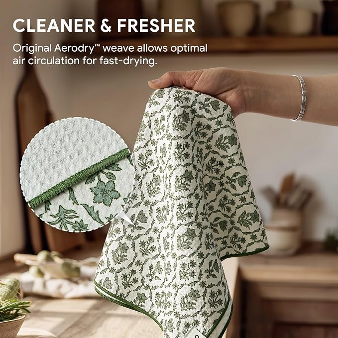 RECYCO Waffle Kitchen Towel Set of 2 - Quick Dry Microfiber Sustainable Dish Towels - Ultra Absorbent Reusable Cleaning Tea Towels - Lightweight Hand Towels,16”x 28”, Thyme & Vine