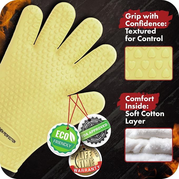 KITCHEN PERFECTION S Silicone Smoker BBQ Gloves - Heat Resistant Oven Mitts | Made For Women, Waterproof, 5-Finger Design For A Better Grip, For Meat Smoking, Grilling, Cooking, Frying Turkey, Grill Gift