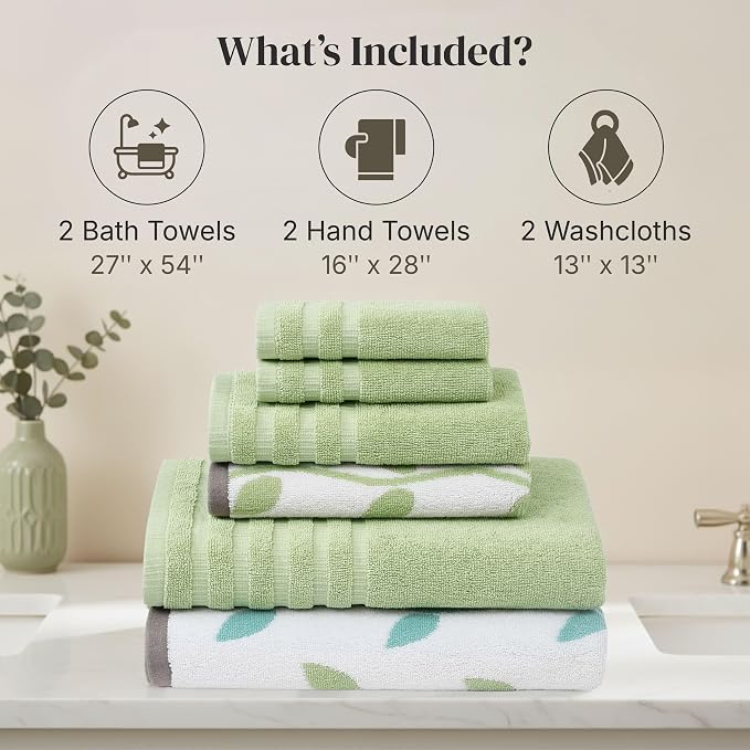 Modern Threads 6 Piece Bath Towel Set – Bathroom Set with 2 Bath Towels, 2 Hand Towels, and 2 Wash Cloths – 100% Cotton, Super Absorbent & Extra Soft – Reversible Natural Vine (Sage Green)