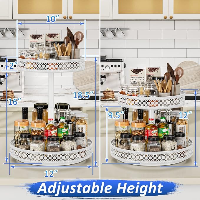 2 Tier Lazy Susan Organizer - Adjustable Rotating Spice Rack 12 inch | Floral Turntable Lazy Susan for Cabinet Pantry Kitchen Countertop Table Top Cupboard Bathroom Vanity Storage Metal White