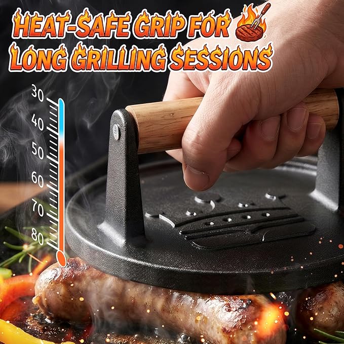 Smash Burger Press 6.5" Burger Patty Maker Set 20pc Baking Paper | 2lb Heavy-Duty Grill Bacon Meat Press with Wood Handle,Nonstick hamburger Smasher for griddle accessories,BBQs and Tailgates