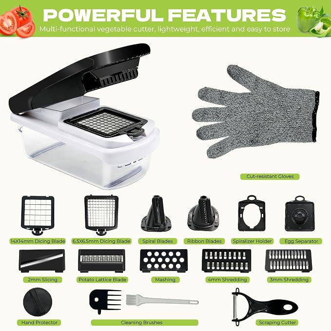 17-in-1 Vegetable Chopper, Dicer, Mandoline Slicer & Anti-Cut Glove | Multifunctional food chopper with container, shredder, spiralizer & peeler. Perfect kitchen gadget for mom.