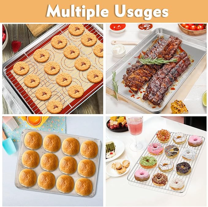 P&P CHEF 12.5 Inch Baking Sheet Pan Cooling Rack with Mat Set for Cookie | Stainless Steel Cookie Pan with Cooling Rack and Silicone Mat for Baking & Roasting, Oven & Dishwasher Safe, Easy Clean